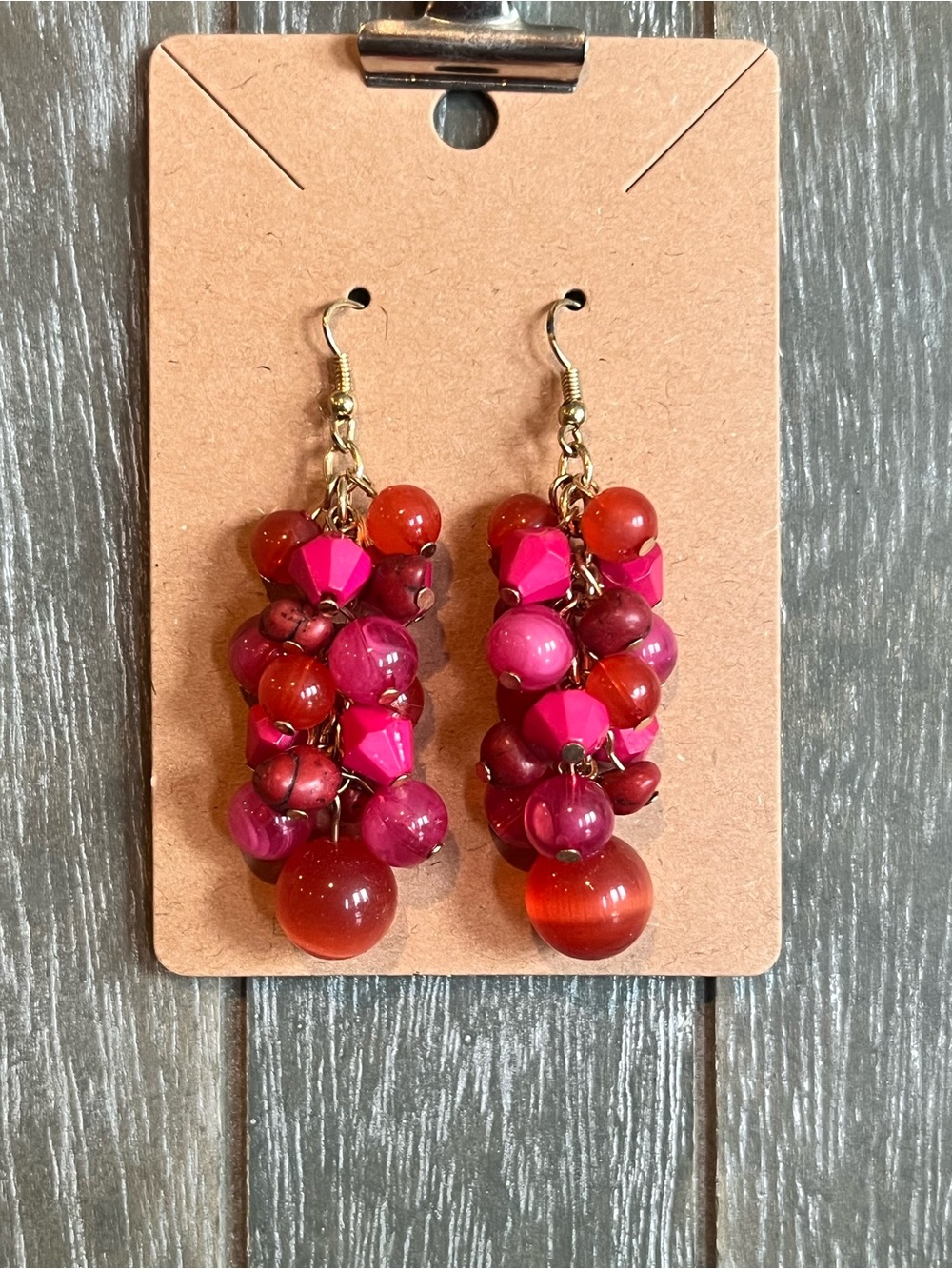 Retro Vibrant Pink & Red Cluster Drop Earrings